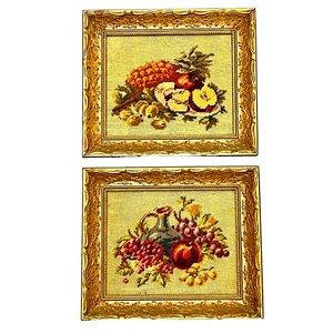Pair of vintage cross stitched fruit needlework in 11.5 x 13 gold wooden frames